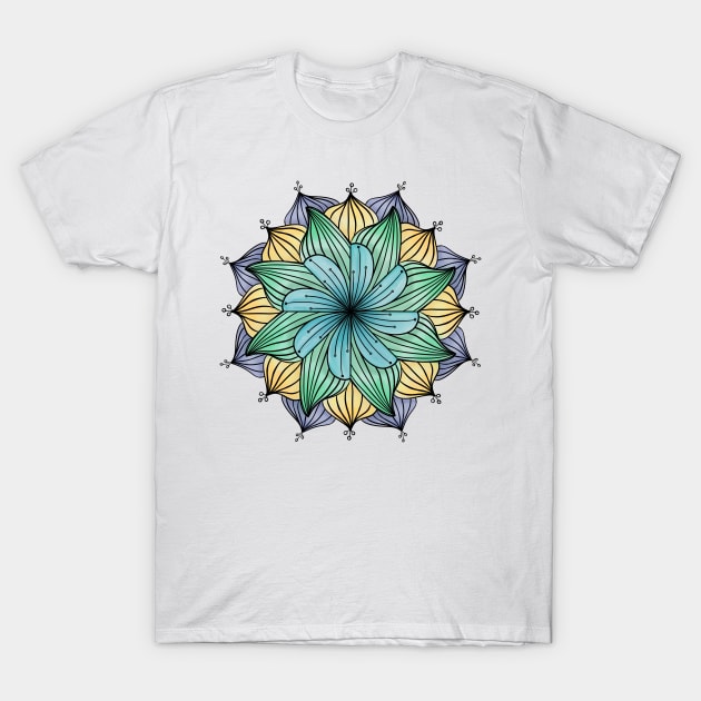 Blue, Green and Yellow Floral Mandala T-Shirt by CarrieBrose